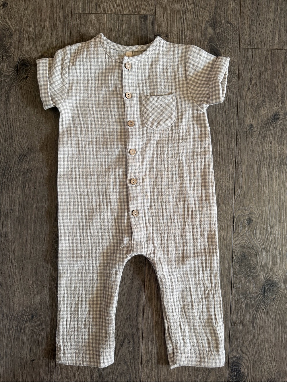 Quincy Mae Beige & White Gingham Short-Sleeve One-Piece